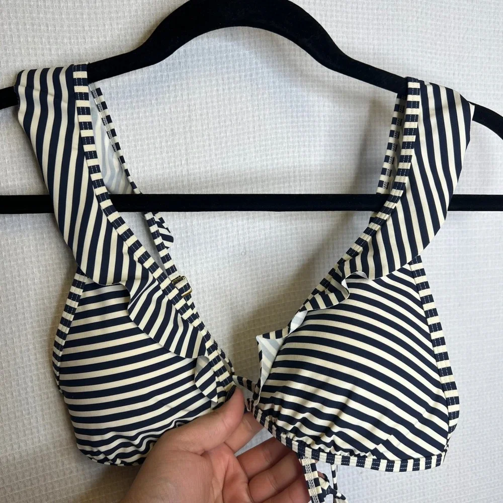 Tory Burch Navy Blue White Striped Ruffle Triangle Bikini Top Medium